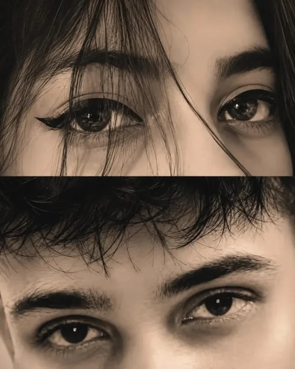 Ultra-realistic 8K AI eye portrait collage featuring a woman's and man's eyes in a cinematic sepia-toned vertical composition.