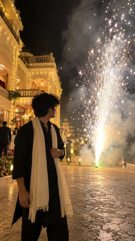 Realistic AI portrait of a young Indian man wearing a black kurta and cream scarf beside golden fountain fireworks at a luxury Indian wedding venue at night.