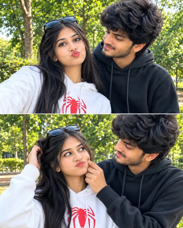 Ultra-realistic 8K AI couple photo collage showing romantic poses in a green park with natural sunlight and preserved facial identities.