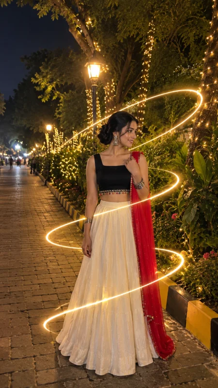 Ultra-realistic AI portrait of a woman wearing a black blouse, white lehenga, and red dupatta with glowing golden spiral lights in a nighttime garden.